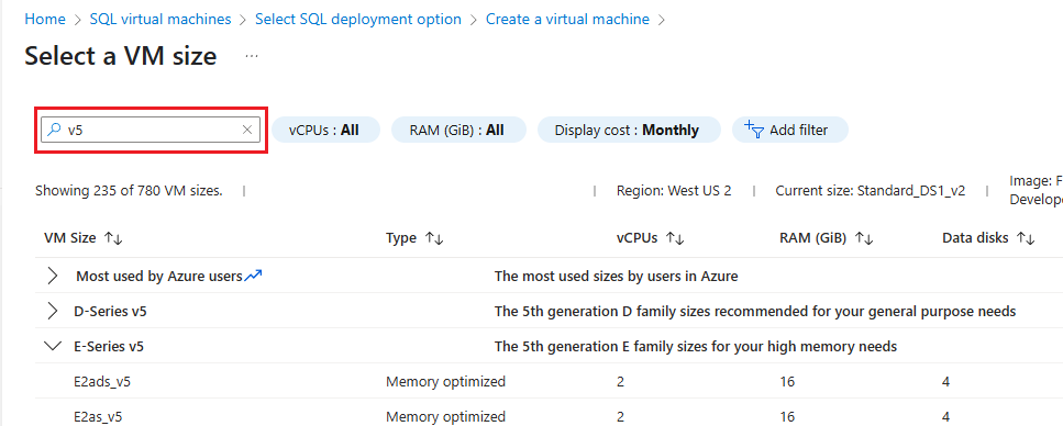 Azure 门户的“选择 VM 大小”页的屏幕截图。 