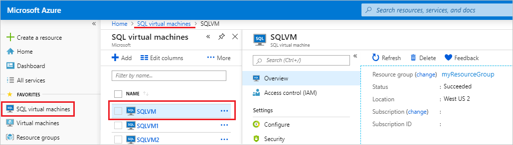 SQL 虚拟机资源的屏幕截图。