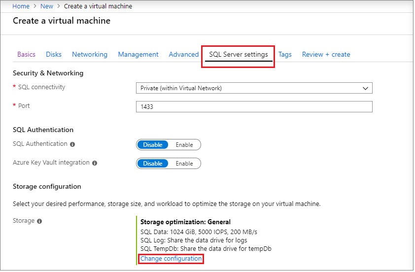 突出显示“SQL Server 设置”选项卡和“更改配置”选项的屏幕截图。