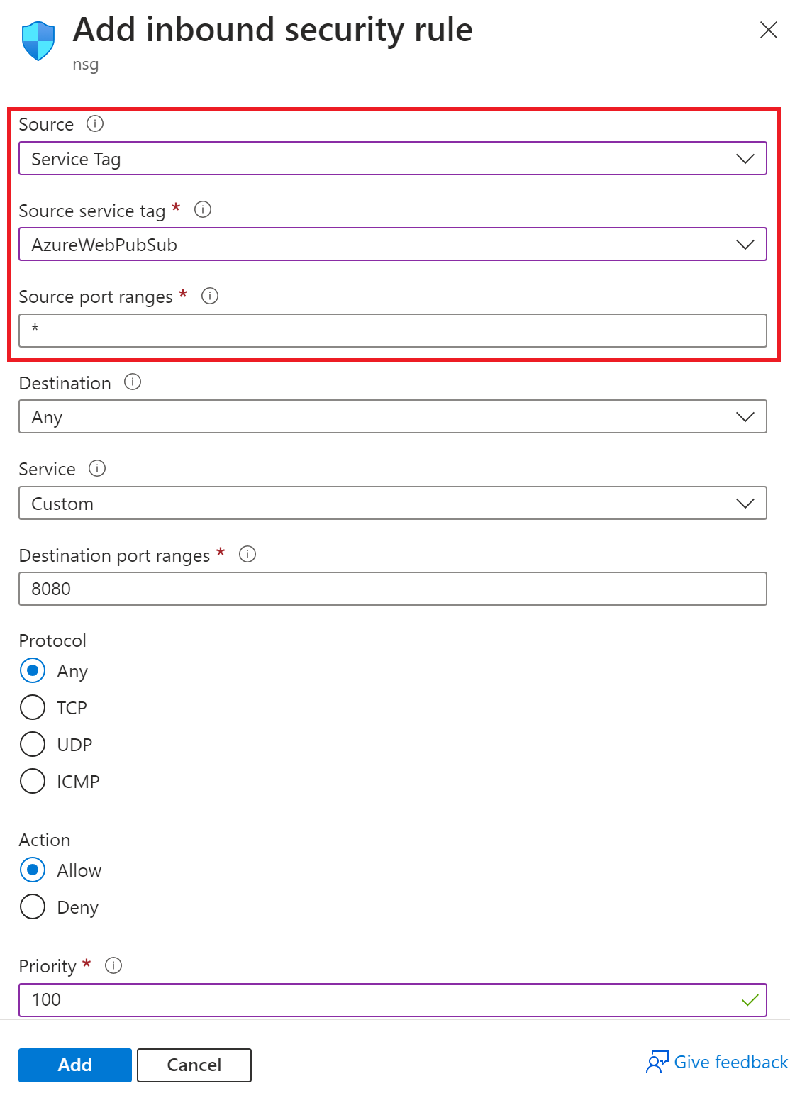 显示用于创建入站安全规则的对话的屏幕截图。