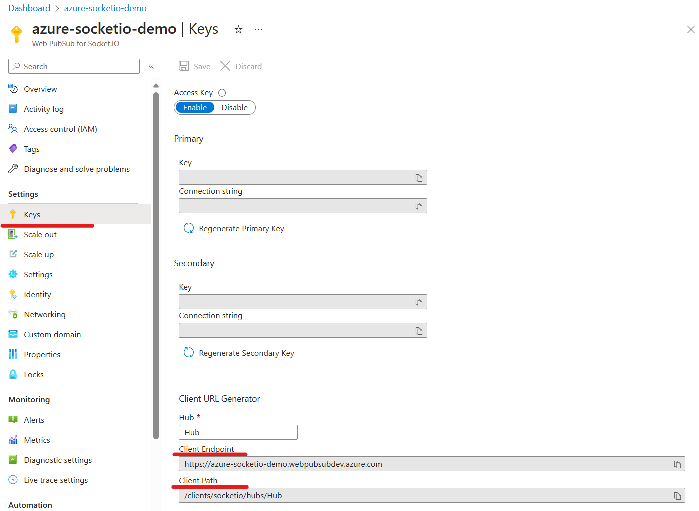 Azure 门户客户端终结点边栏选项卡中适用于 Socket.IO 的 Web PubSub 屏幕截图。
