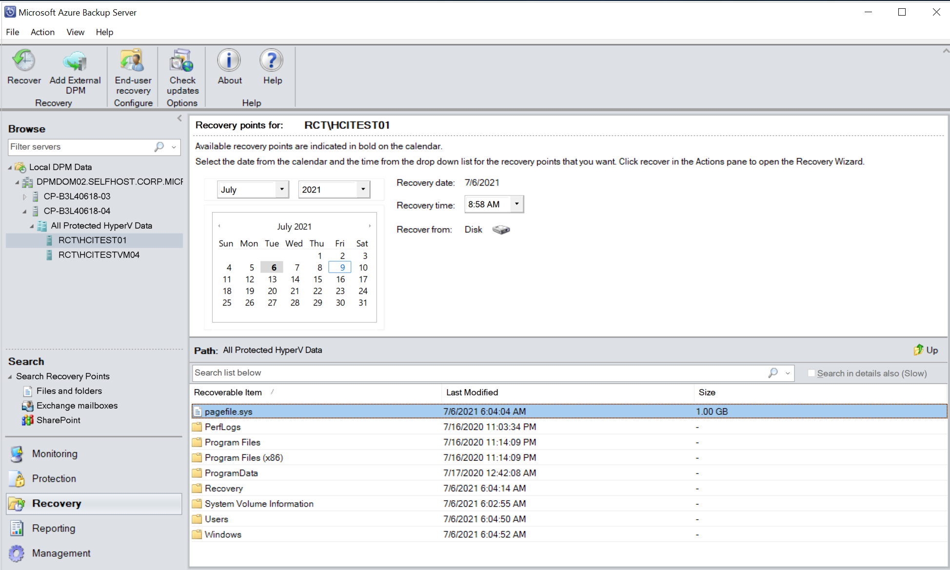 屏幕截图显示如何在 Hyper-v VM 中查看恢复选择。