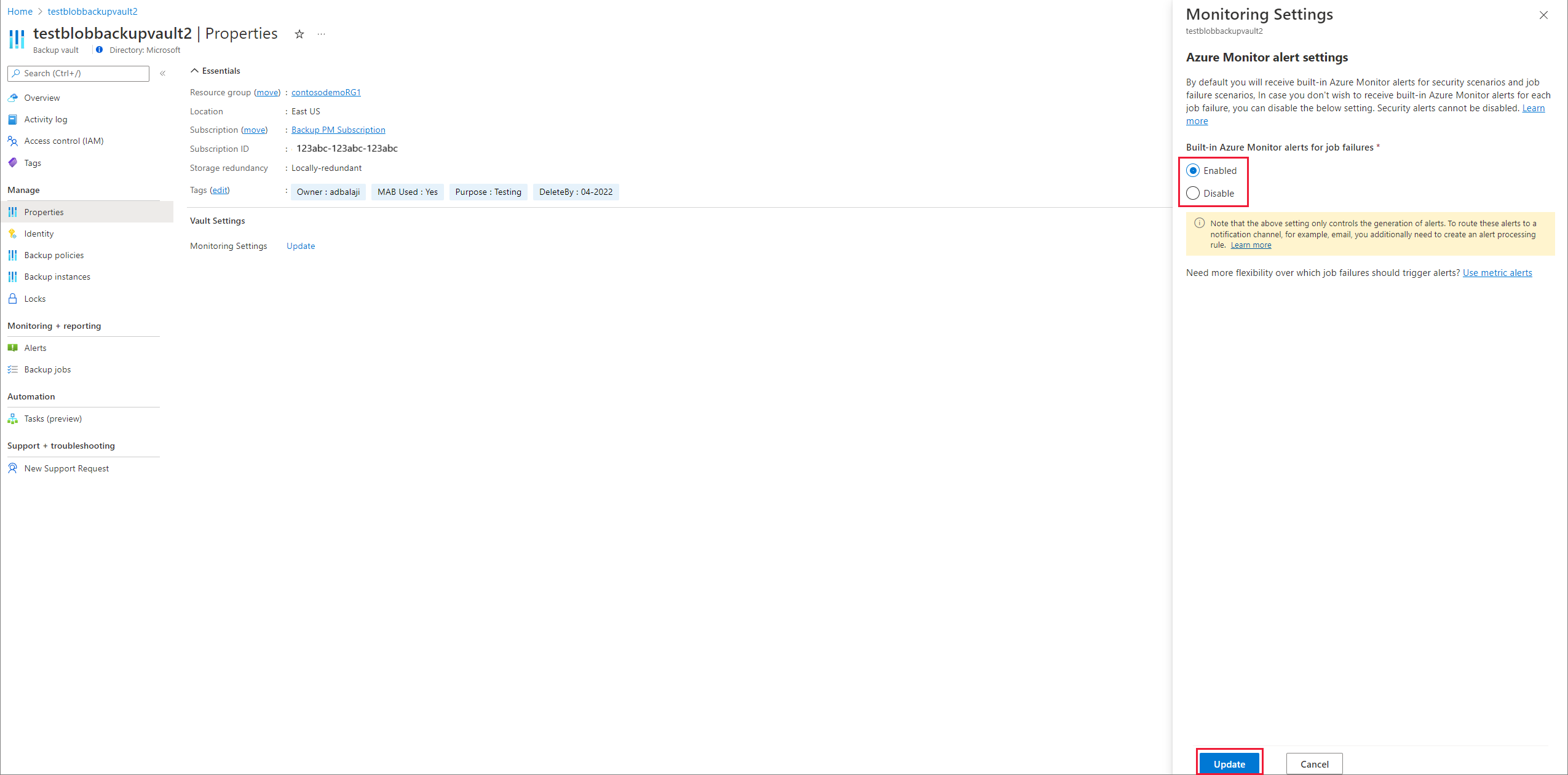 更新备份保管库中的 Azure Monitor 警报设置的屏幕截图。