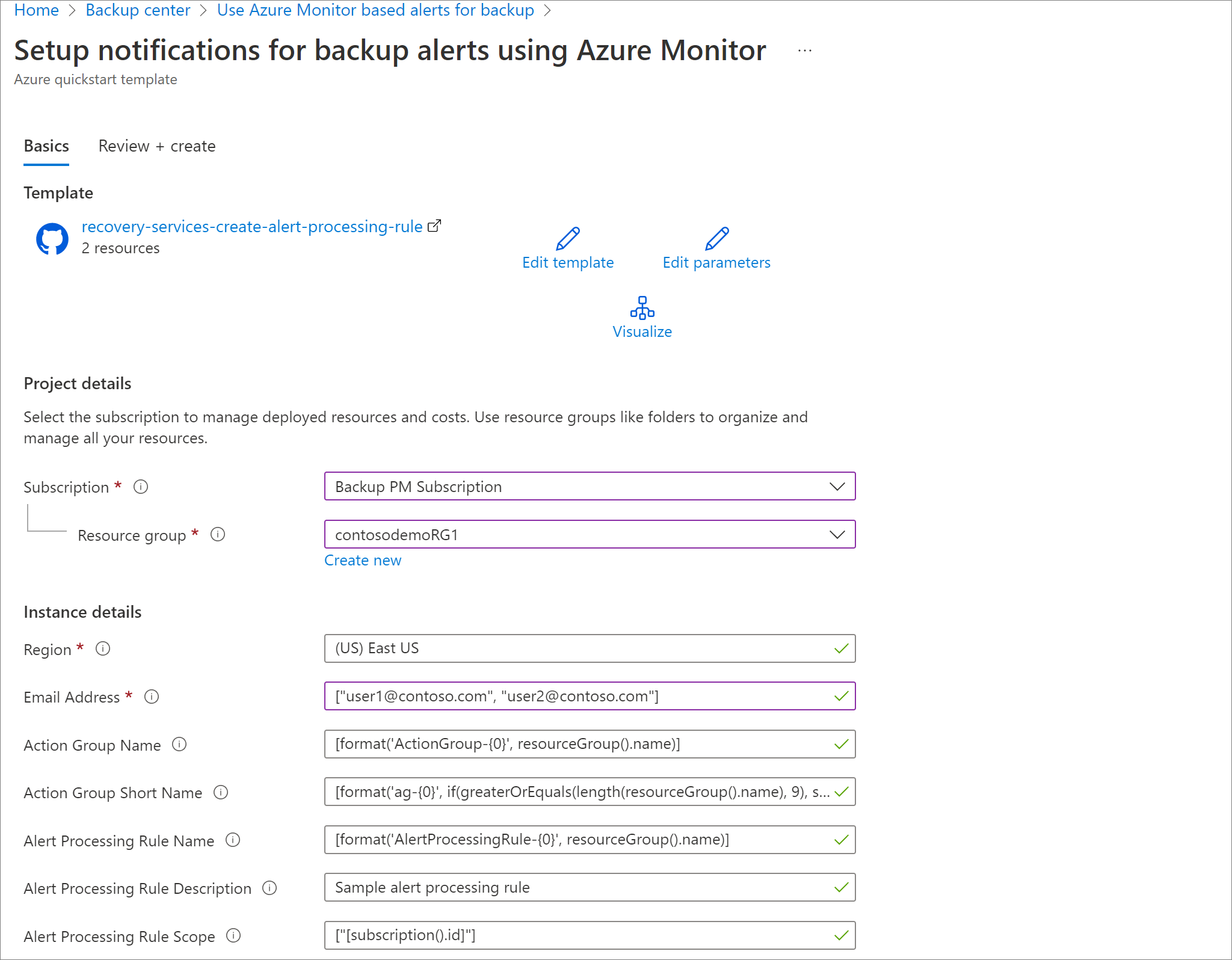 显示用于为 Azure Monitor 警报设置通知规则的模板参数的屏幕截图。