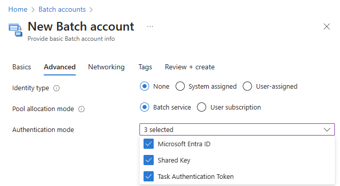 创建 Batch 帐户时身份验证模式选项的屏幕截图。