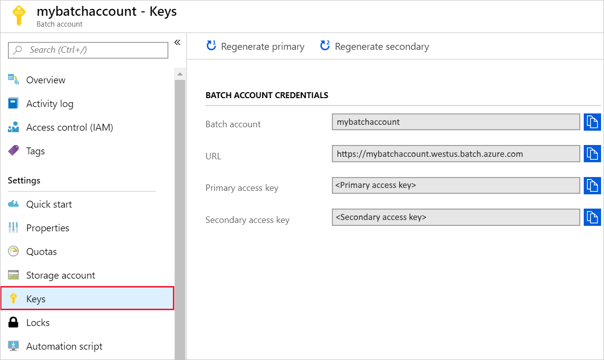 Azure 门户中“Batch 帐户”密钥的屏幕截图。