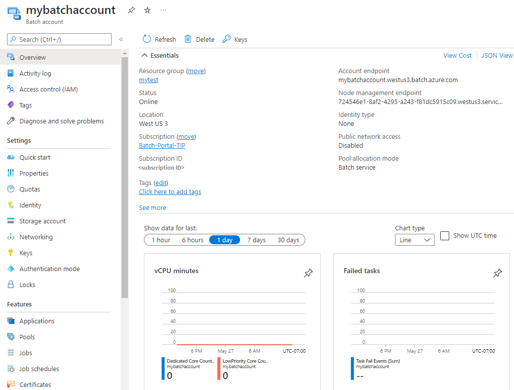 Azure 门户中“Batch 帐户”页的屏幕截图。