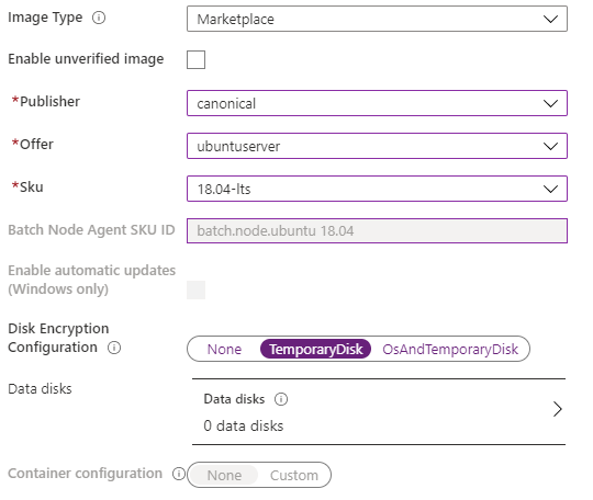 Azure 门户中磁盘加密配置选项的屏幕截图。