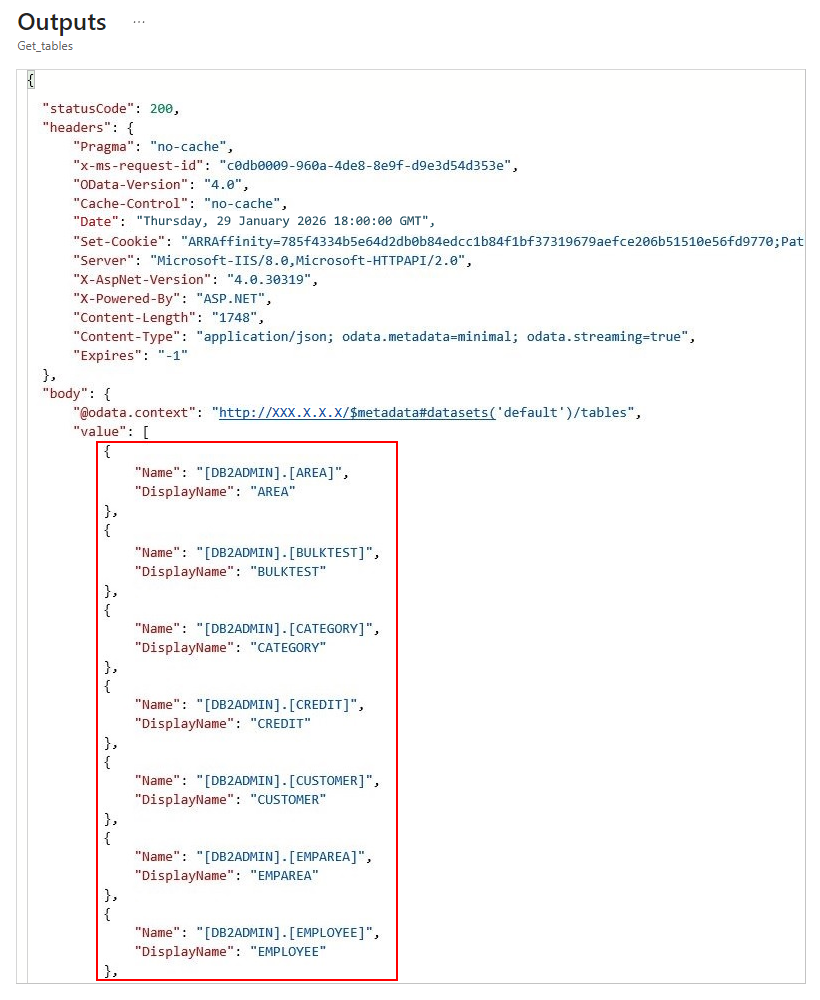 屏幕截图显示了“获取表”动作的输出。