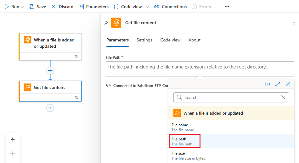 屏幕截图显示了工作流设计器和“获取文件内容”操作，并且打开了动态内容列表，突出显示了“文件路径”。