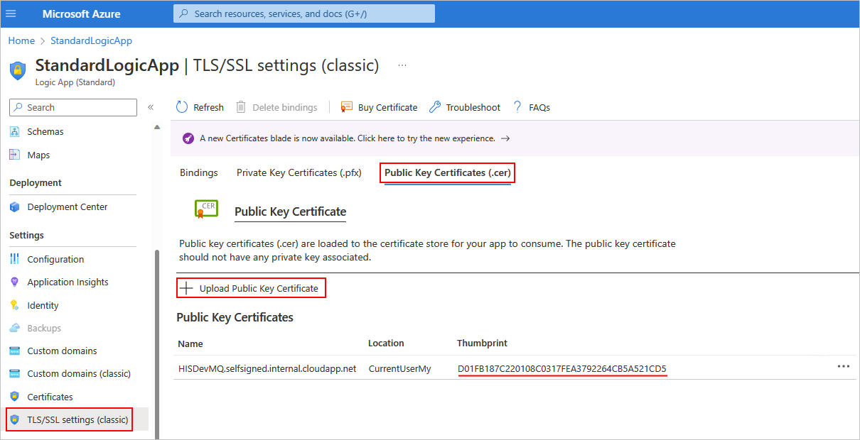 显示 Azure 门户和标准逻辑应用资源的屏幕截图，其中选择了以下项：“TLS/SSL 设置(经典)”、“公钥证书(.cer)”和“上传公钥证书”。