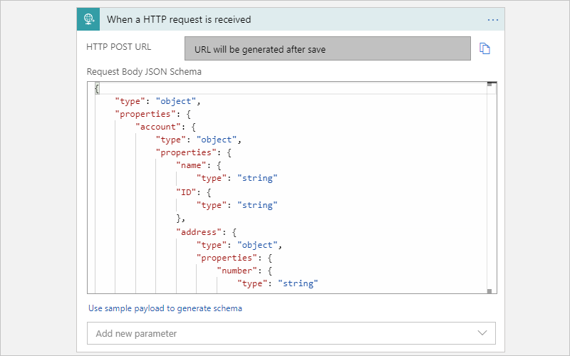 显示包含示例 JSON 架构的“消耗”工作流和“请求”触发器的屏幕截图。