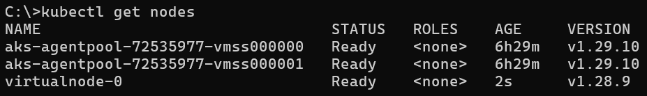 显示 kubectl get nodes 命令的输出的屏幕截图，其中虚拟节点处于“就绪”状态。