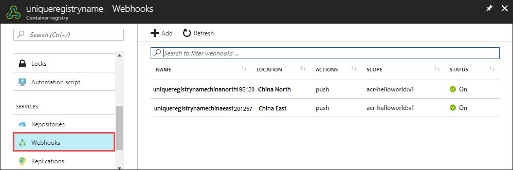 Container registry Webhooks in the Azure portal