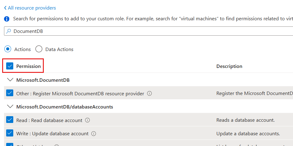 自定义角色对话框中为“DocumentDB”选择的所有权限的屏幕截图。