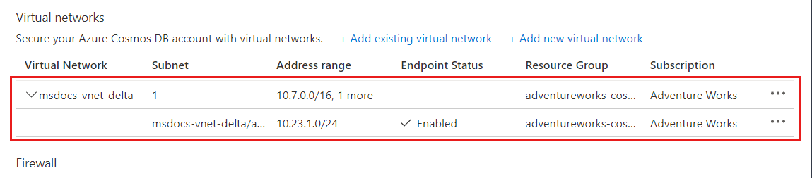 屏幕截图显示已在列表中成功配置 Azure 虚拟网络和子网。