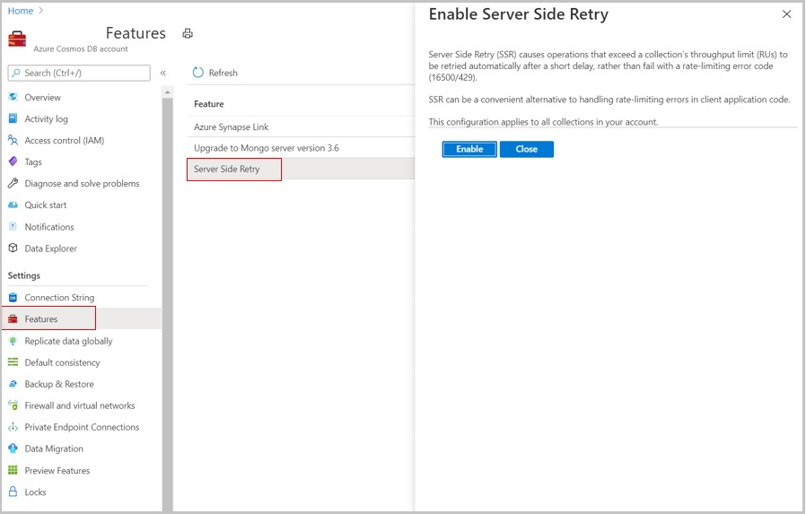 Azure Cosmos DB for MongoDB 的服务器端重试功能的屏幕截图