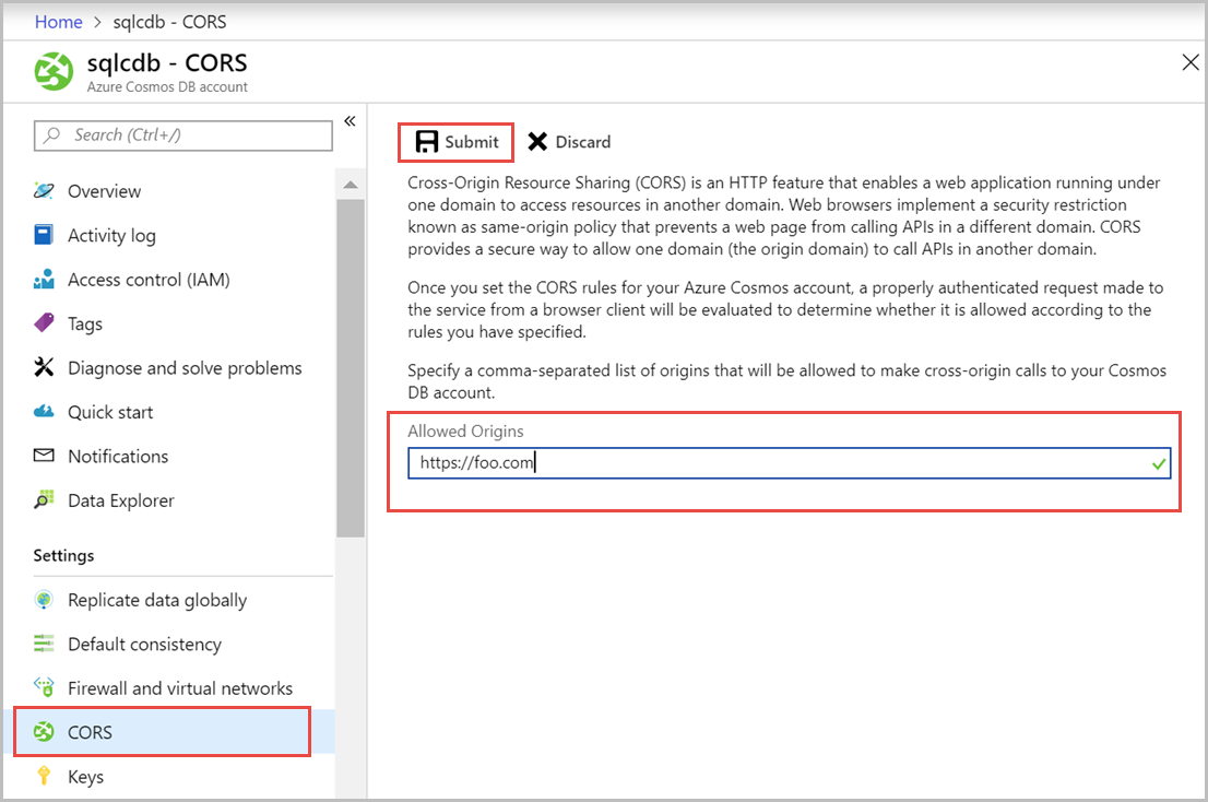 使用 Azure 门户启用跨源资源共享