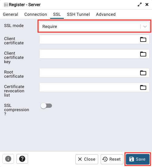 屏幕截图显示 pgAdmin SSL 设置。