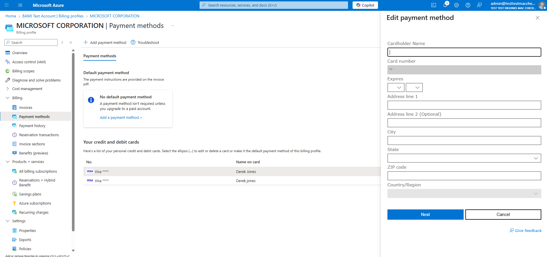 “编辑付款方式”侧面板的屏幕截图，其中显示了信用卡详细信息字段。