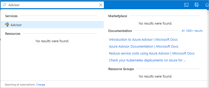 Azure 门户中的 Azure 顾问按钮的屏幕截图。