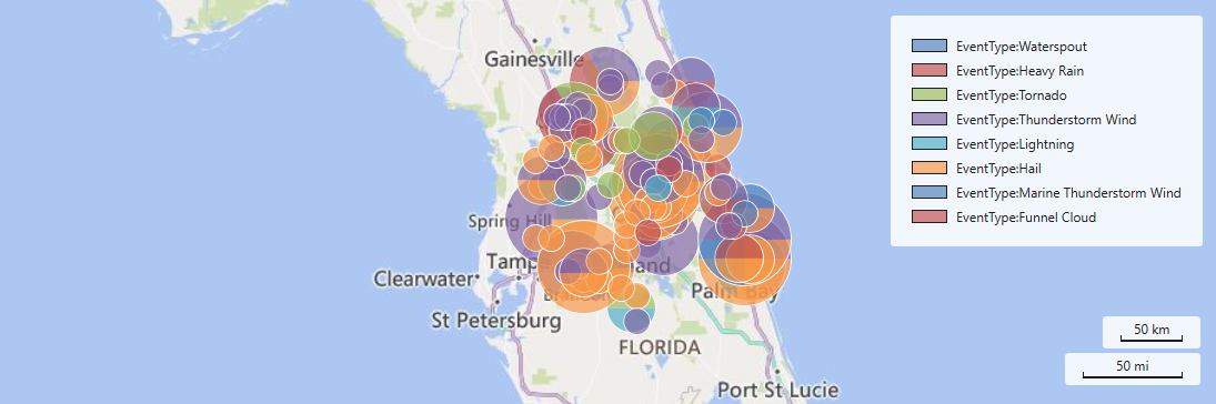 Kusto.Explorer 中饼图上的 storm 事件的屏幕截图。