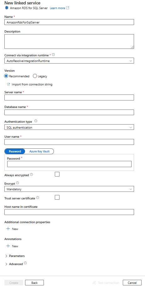 Amazon RDS for SQL Server 链接服务的配置的屏幕截图。