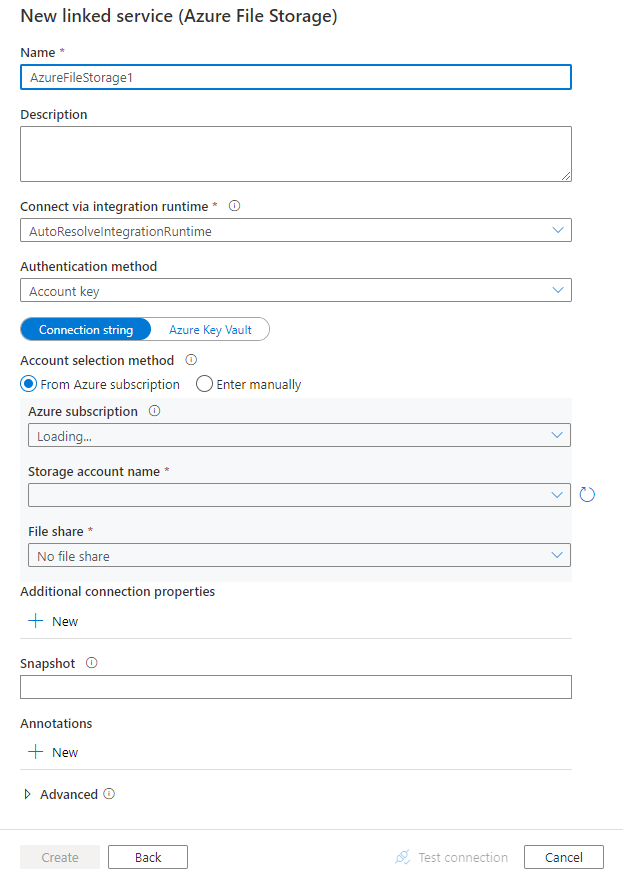 Azure 文件存储的链接服务配置的屏幕截图。