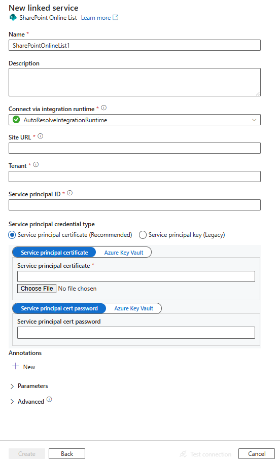 SharePoint Online 列表的链接服务配置的屏幕截图。