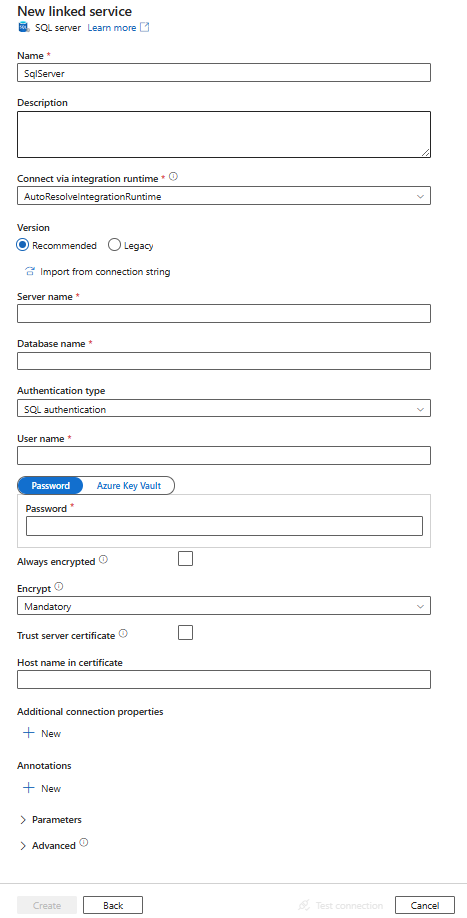 SQL Server 链接服务的配置的屏幕截图。