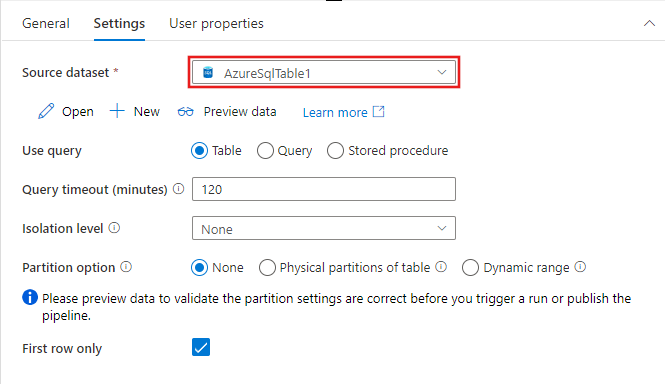 显示 Lookup 活动中的 Azure SQL 表数据集的配置选项。