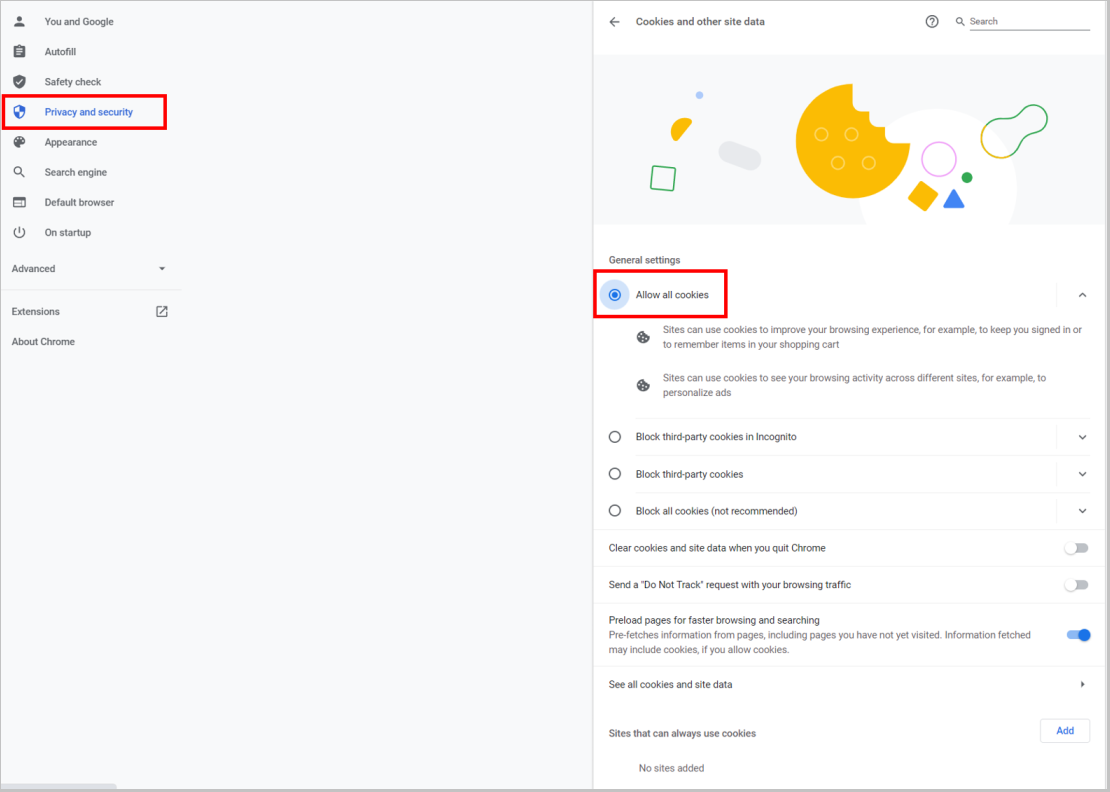 在 Chrome 中允许所有 Cookie