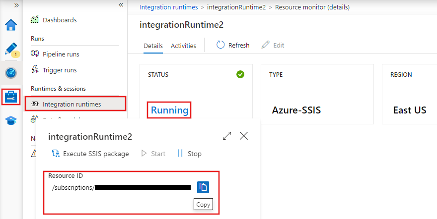 该屏幕截图显示了用于查找 Azure 数据工厂 SSIS IR 资源 ID 的选项。