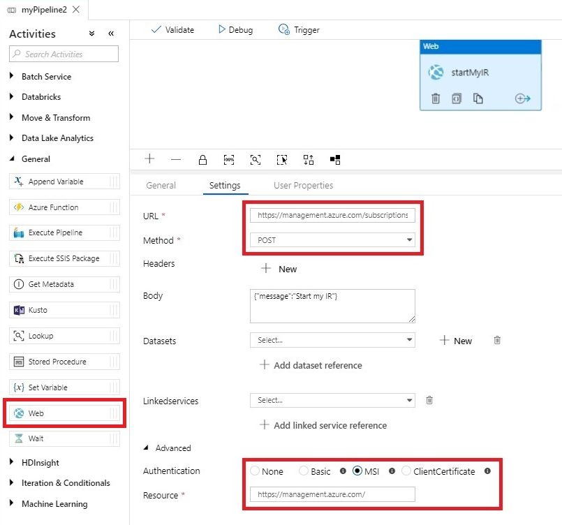 该屏幕截图显示了 Azure 数据工厂 SSIS IR Web 活动计划的设置。