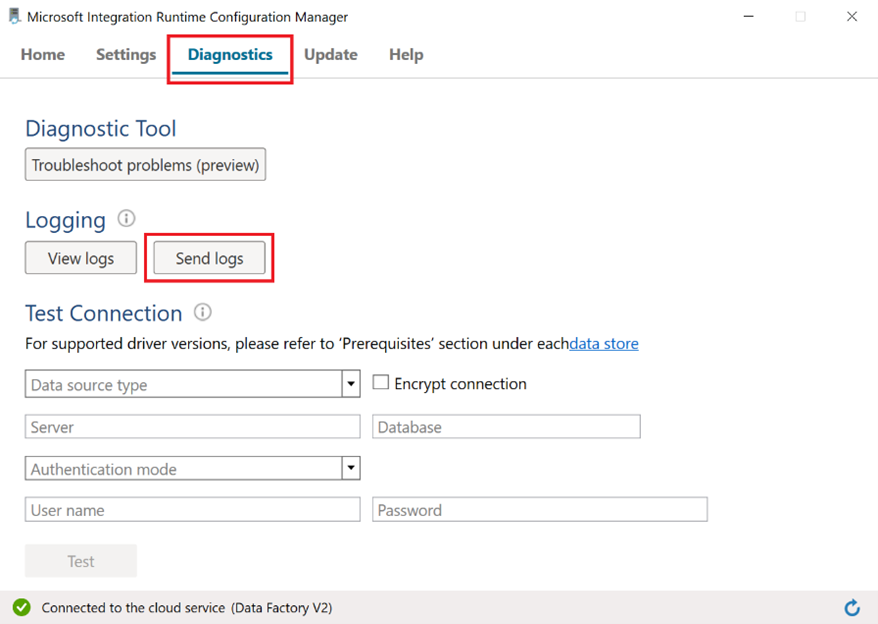 Integration Runtime Configuration Manager 的“诊断”选项卡的屏幕截图，其中突出显示了“发送日志”。