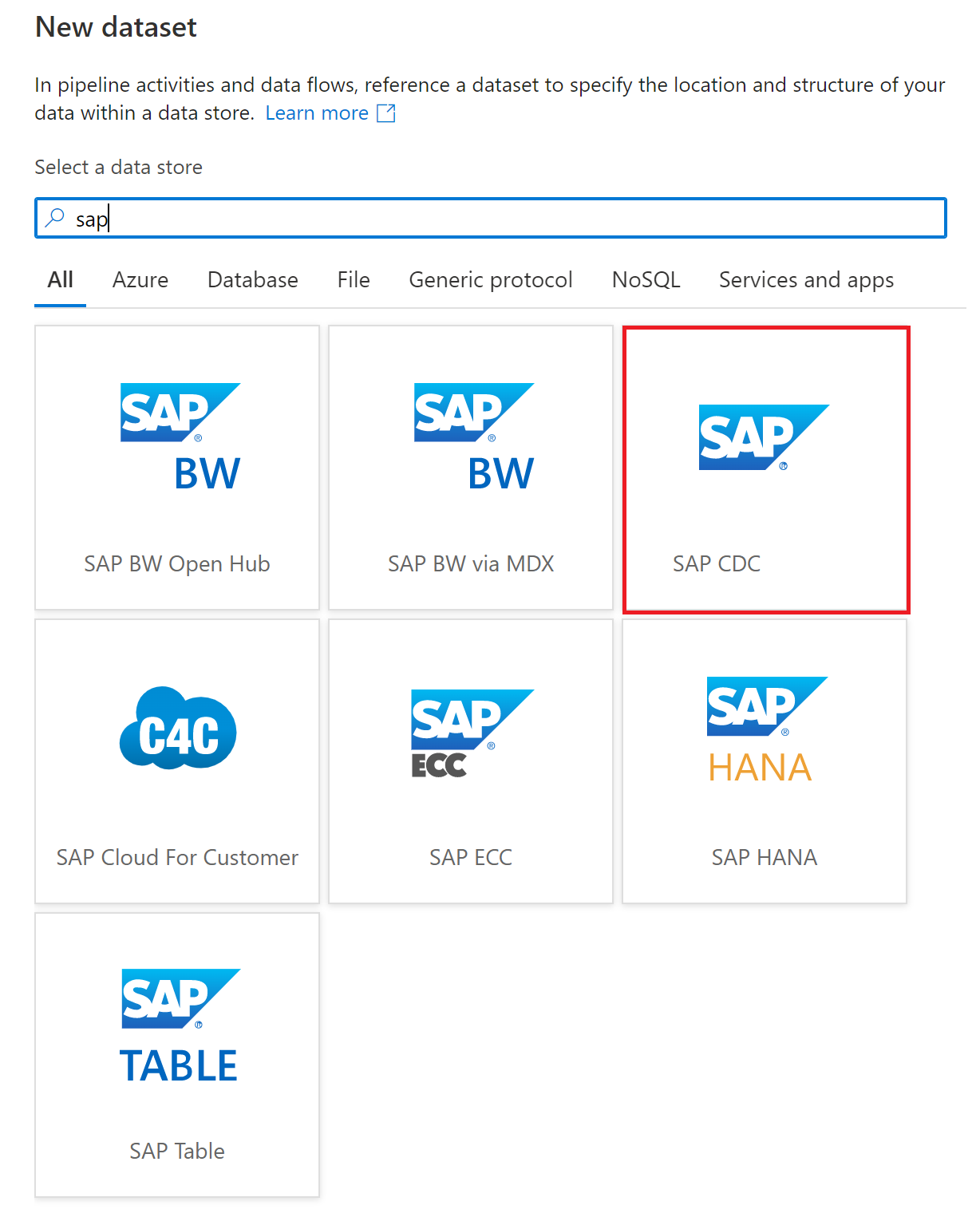 “新建数据集”对话框中 SAP CDC 数据集类型的屏幕截图。