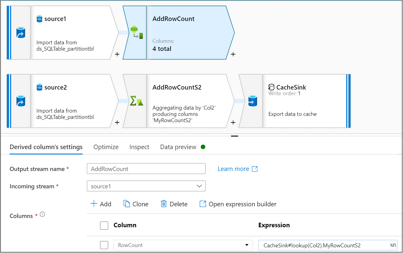 显示配置派生列活动以添加 source1 中行计数的屏幕截图。