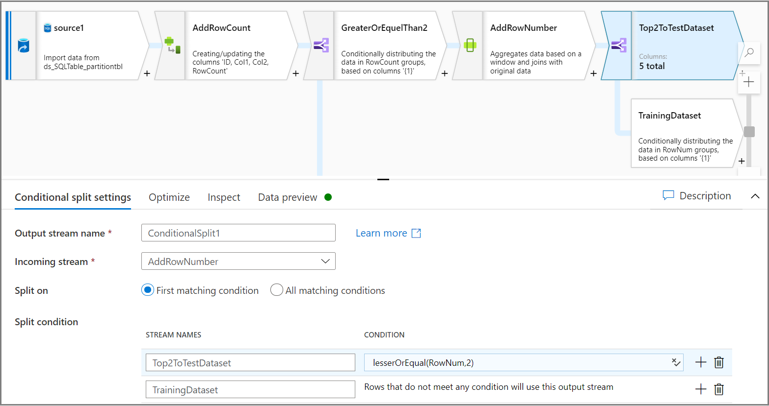 显示配置有条件拆分活动以将当前数据集拆分为训练数据集和测试数据集的屏幕截图。