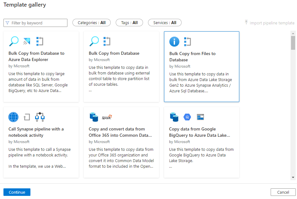 模板浏览器中将文件批量复制到数据库模板的屏幕截图。