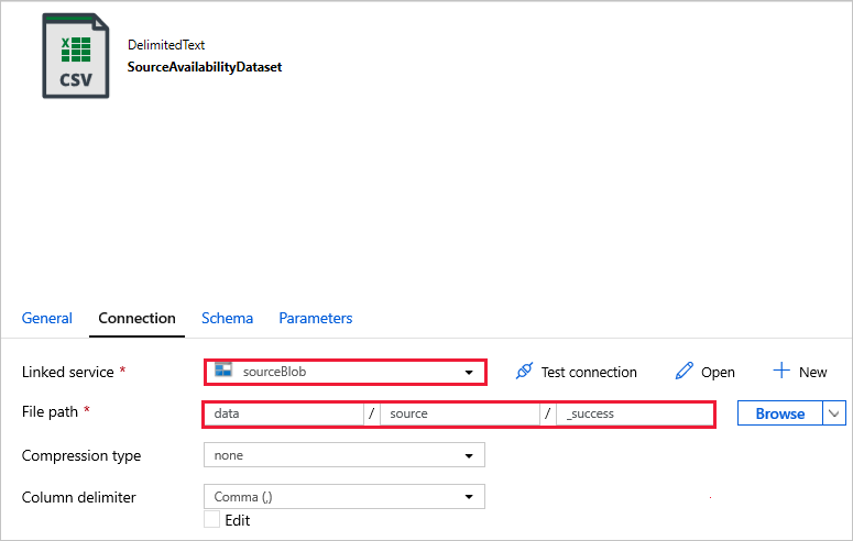 针对 SourceAvailabilityDataset 的链接服务和文件路径的选择