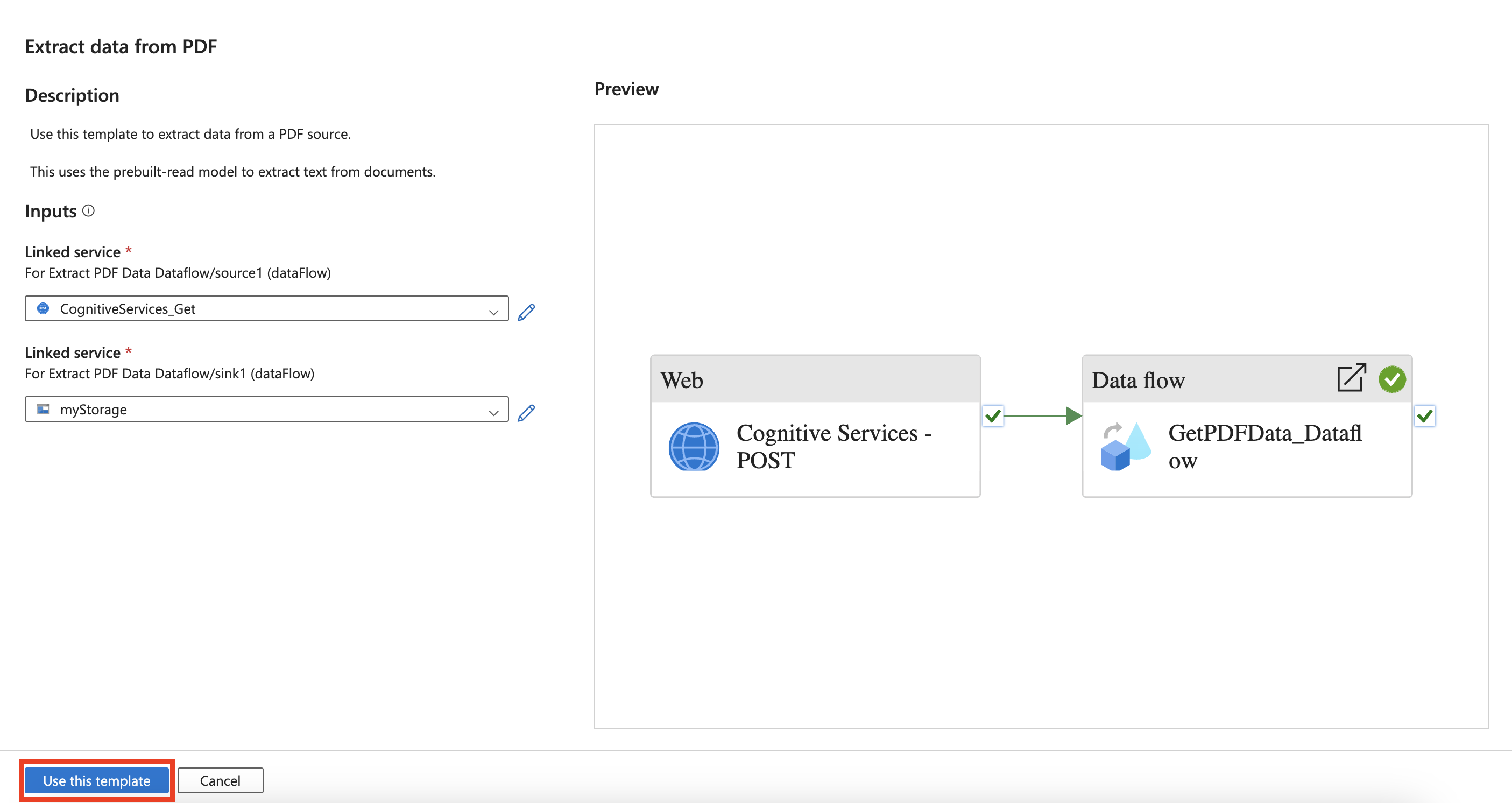 屏幕截图：通过单击屏幕底部的“使用此模板”按钮来完成模板设置。