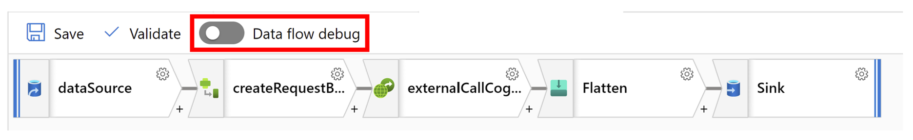 屏幕顶部横幅中的“数据流调试”按钮的屏幕截图。