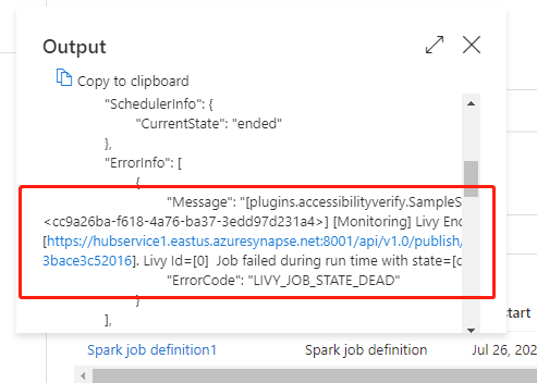 显示 Spark 作业定义活动运行的输出用户错误的 UI 的屏幕截图。