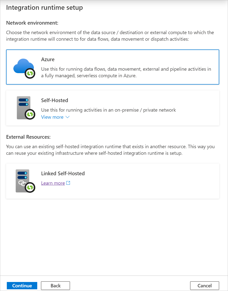 屏幕截图显示新的 Azure 集成运行时。