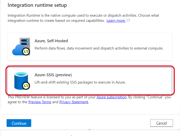 有关创建 SSIS IR 的屏幕截图。