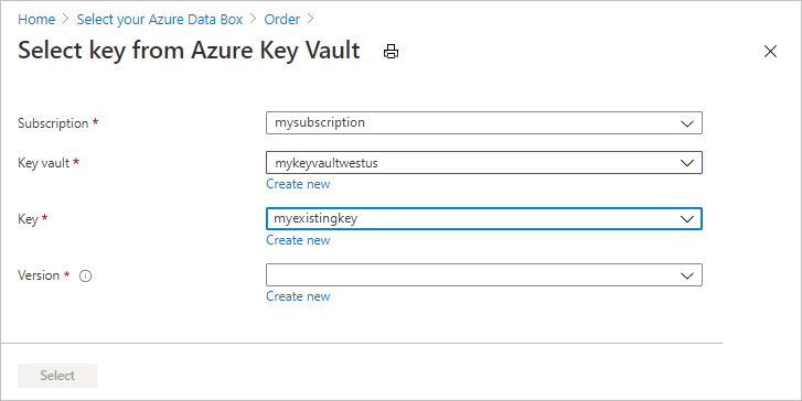 从 Azure Key Vault 中选择现有密钥