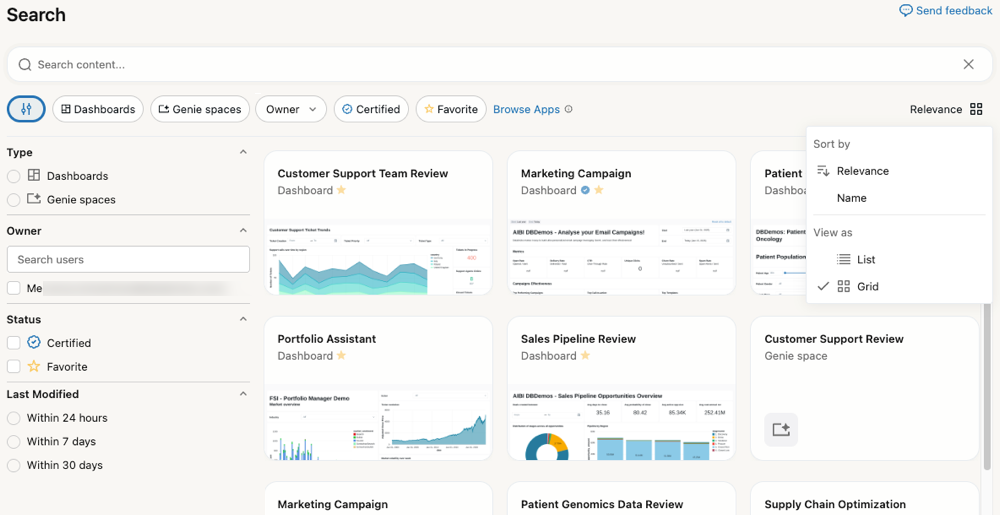 Databricks One 列表页面筛选器