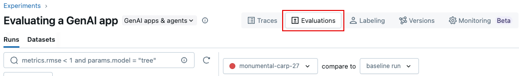 MLflow 试验 UI 顶部的“评估”选项卡。