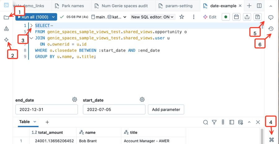 屏幕截图显示了 SQL 编辑器，其中带有文本中指示的标记标注。