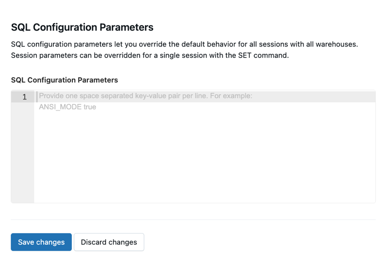 显示所有 SQL 仓库的 ANSI_MODE 设置为 true 的屏幕截图